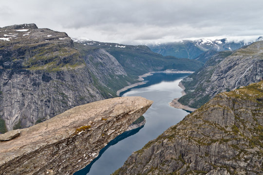 View of the Trolltunga rock (Troll's Tongue rock) without people. The famous place in the Norwegian mountains © Oleg Totskyi