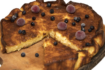 Cottage cheese casserole, cherries and blueberries