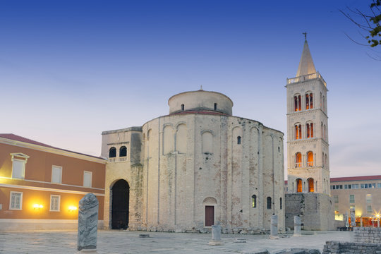 Ruined Roman forum, the Church of St. Donatus and the spire of St. Anastasia Cathedral, Zadar, Dalmatia, Croatia