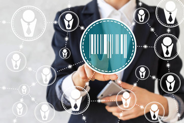 Businessman presses bar code sign marketon virtual screen. Businesswoman presses barcode button. Line code shop icon, scanning barcode. 
