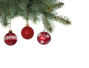 Obraz na płótnie Canvas three brightly colored christmas balls hanging on christmas tree on white background