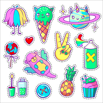 Cool stickers set in pop art comic style. Neon patch badges and pins with cartoon animals, food and things. Vector crazy doodles with unicorn planet, flying otter, ice cream cat etc.