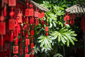 Red wooden Buddhist good luck charms and tropical vegetation, Hangzhou, Zhejiang, China
