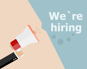 flat design business concept. We Are Hiring. Digital marketing business man holding megaphone for website and promotion banners.