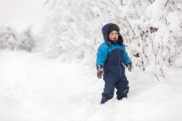 Fototapeta na wymiar Happy caucasian child playing in snow