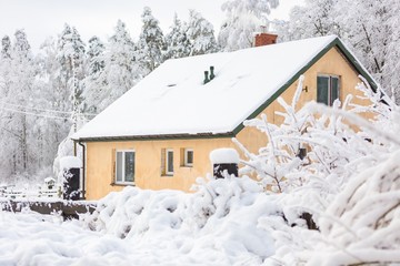 Winter landscape with village house with snow on roof.