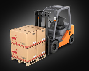 Forklift truck with boxes  on pallet on black gradient backgroun