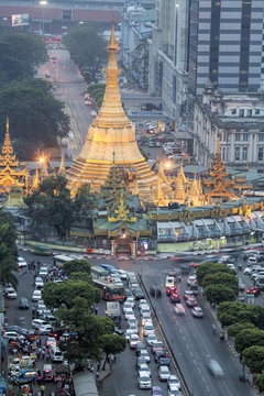 The Sule Paya pagoda in rushing traffic, downtown Yangon