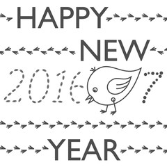 Happy New Year greeting card. Year of Rooster. Cute funny chicken - eating grains from subscription 2016 and pooping number 7 from 2017. Seasons greetings. Black and white vector illustration.