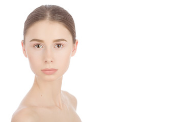 Fototapeta premium Woman with a natural beauty makeup look - isolated over a white background with copyspace