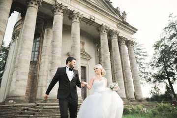 Beautiful romantic wedding couple of newlyweds hugging near old castle