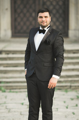 Stylish groom posing on background old castle