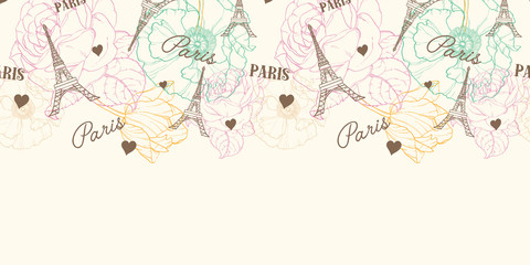 Vector Eifel Tower Paris Seamless Pattern Horizontal Border In Vintage Style With Beautiful, Romantic Pastel Flowers. Perfect for travel themed postcards, greeting cards, wedding invitations. Repeat