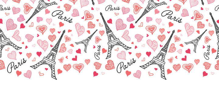Vector Eifel Tower Paris Seamless Repeat Pattern Horizontal Border Bursting With St Valentines Day Pink Red Hearts Of Love. Perfect for travel themed postcards, greeting cards, wedding invitations.