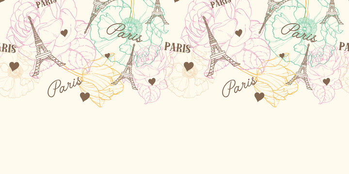 Vector Eifel Tower Paris Seamless Pattern Horizontal Border In Vintage Style With Beautiful, Romantic Pastel Flowers. Perfect for travel themed postcards, greeting cards, wedding invitations. Repeat