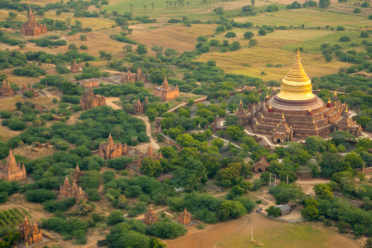 Aerial view of the ancient city of Bagan where more than 2200 ancient temples remain of the original 10000, Bagan (Pagan)
