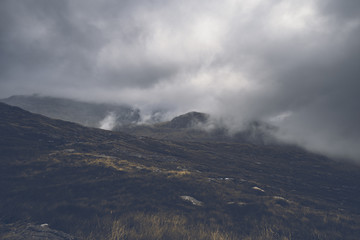 Cloud Capped Snowdonian Hills, Toned Mountainous Landscape