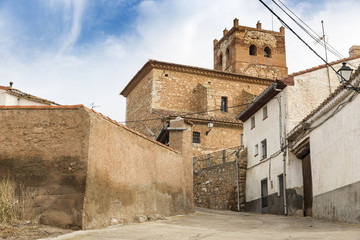 a view of Cuencabuena town and the Santos Justo Y Pastor parish church, province of Teruel, Spain