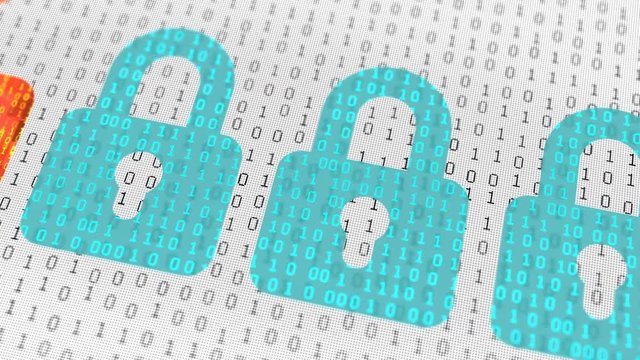 Digital Security Loop 1C: bright binary background with secure safe cloud data blue padlocks and one unsecured open unsafe padlock in red and yellow, UltraHD and FullHD and seamlessly loop-able 