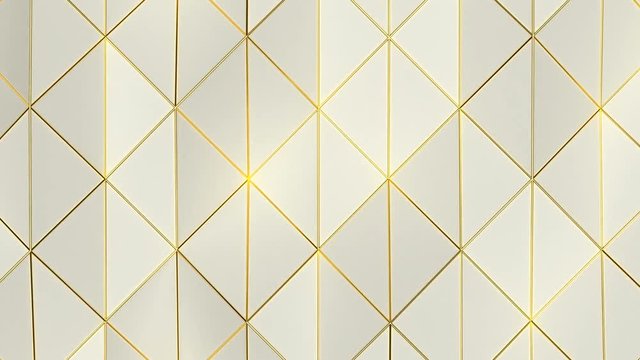Geometric Triangle Wall Loop 1A: abstract background low poly waving triangles surface with shiny yellow gold edge accents, 4K FullHD, seamless loop.