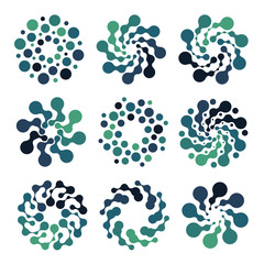 Abstract circle logotype set. Green and blue dotted round isolated chem logo collection. Virus icon. Unusual sun. Flower symbol. Spiral sign.Vector germs illustration.