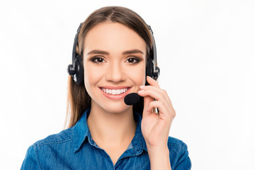Beautiful consultant of call center in headphones on white backg