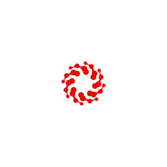 Abstract circle logotype. Unusual dotted round isolated chem logo. Virus icon. Red sun. Flower symbol. Spiral sign.Vector germs illustration.