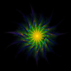 Fractal star glowing in yellow, green and electric blue on black background
