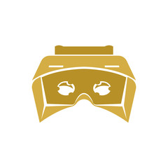 Isolated vr headset logotype on white background. Golden color virtual reality helmet logo. Head-mounted display icon. Futuristic gaming device. Simulation smartglasses vector illustration .