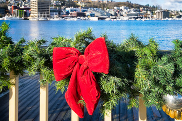 Seattle Christmas winter holiday decorations frame a view of Lake Union