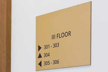 Closeup of hotel signs directions on a wall