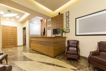 Reception area with wooden reception table
