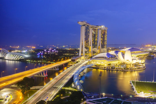 Busy roads leading to the Marina Bay Sands, Gardens by the Bay and ArtScience Museum at night, Singapore