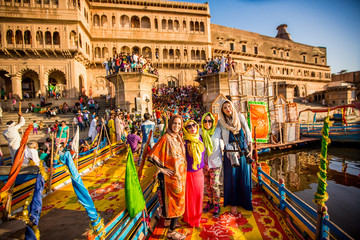 Travelers participating in the Flower Holi Festival, Vrindavan, Uttar Pradesh
