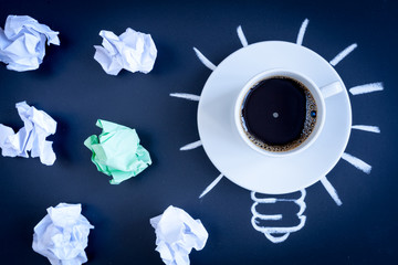 concept coffee awakens brain on dark background top view