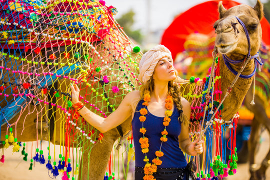Laura Grier with camel at the Pushkar Camel Fair, Pushkar, Rajasthan