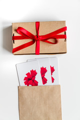 concept of gift cards on white background top view