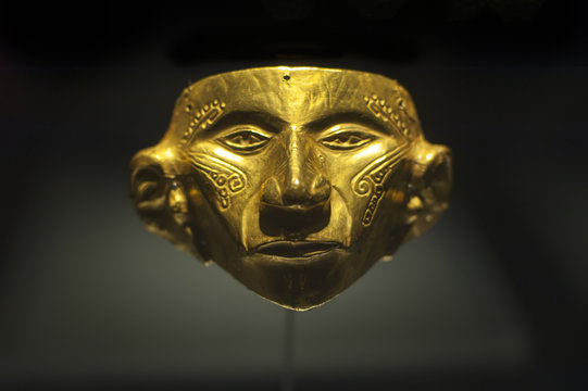 An ancient gold mask at the Museo Del Oro, Bogota, Colombia