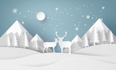 Naklejka premium Deer in forest with snow.