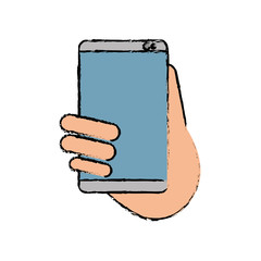 hand holds smartphone sms chat technology sketch vector illustration eps 10
