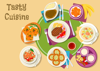 Thai and finnish cuisine dishes with dessert icon