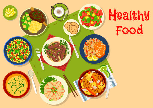 Healthy dinner dishes icon for food design