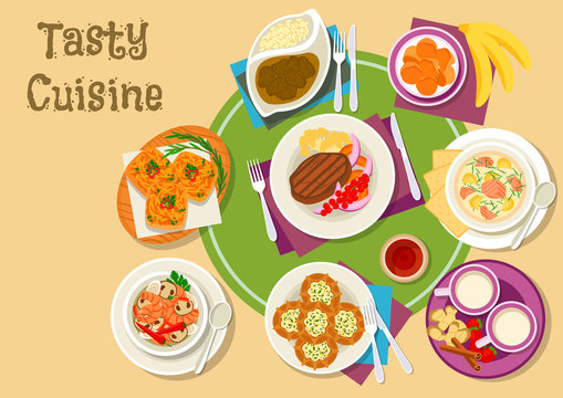 Thai and finnish cuisine dishes with dessert icon