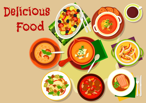 Soup, salad dishes icon for restaurant menu design