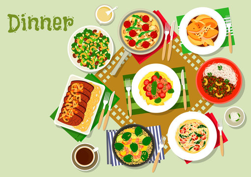 Dinner dishes icon with pasta, salad and meat
