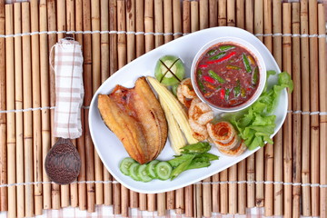 Ready served Spicy shrimp paste dip as  Nam Prik Kapi.