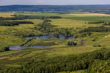 Landscape with cows, lake, forest. View from the mountain Toratau