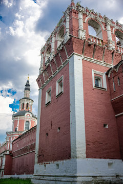 The first tower of the north wall and the Gate Church of Tikhvin Icon of the Mother of God at Donskoy Monastery, a major monastery in Moscow, Russia