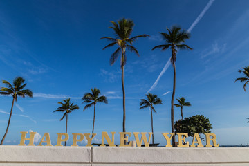 Happy New  Year at beach/wooden Happy New Year sign at tropical beach.