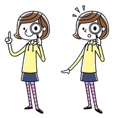 女の子：調べる、虫眼鏡、発見

